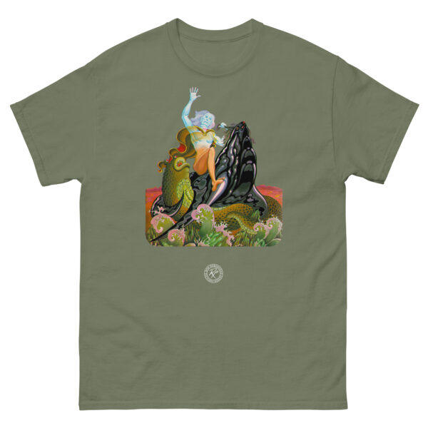 unisex-classic-tee-military-green-front-68c455b3a5382.jpg The Time Dweller T-shirt painted by Bob Haberfield for the Michael Moorcock Book
